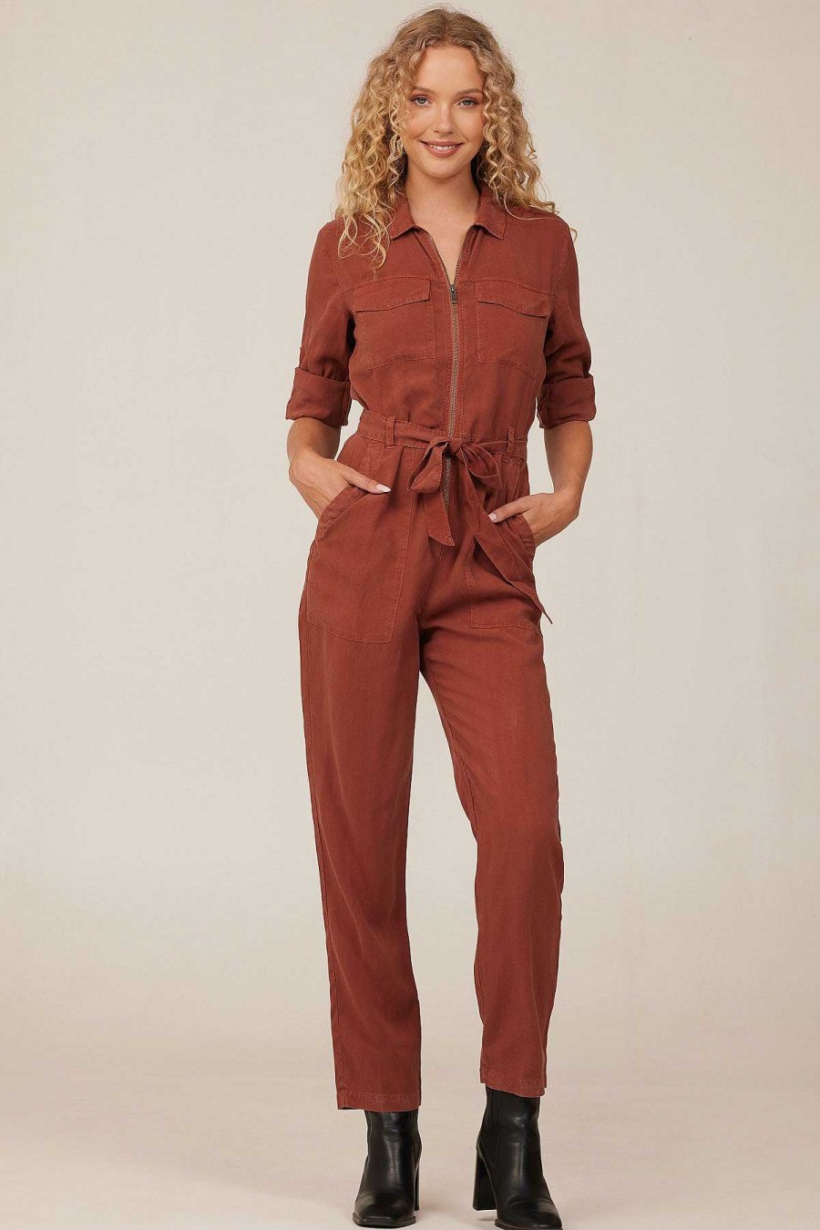 Online Bella Dahl Jumpsuit Met Lange Mouwen En Ritssluiting Aan De Voorkant - Herfst Amber