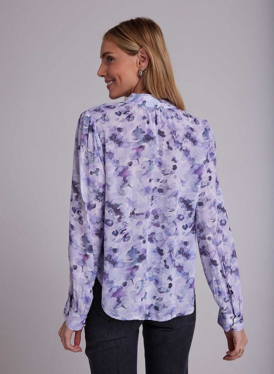 Clearance Bella Dahl Gesmokte Blouse Met Knopen - Lila Bloemenprint