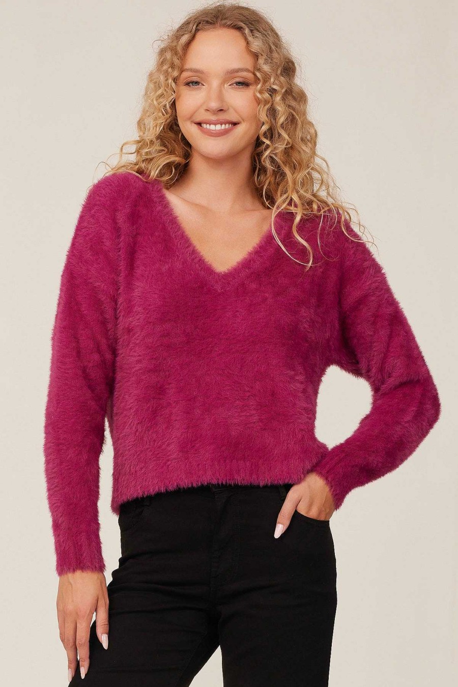 Wholesale Bella Dahl Slouchy Trui Met V-Hals - Donker Magenta