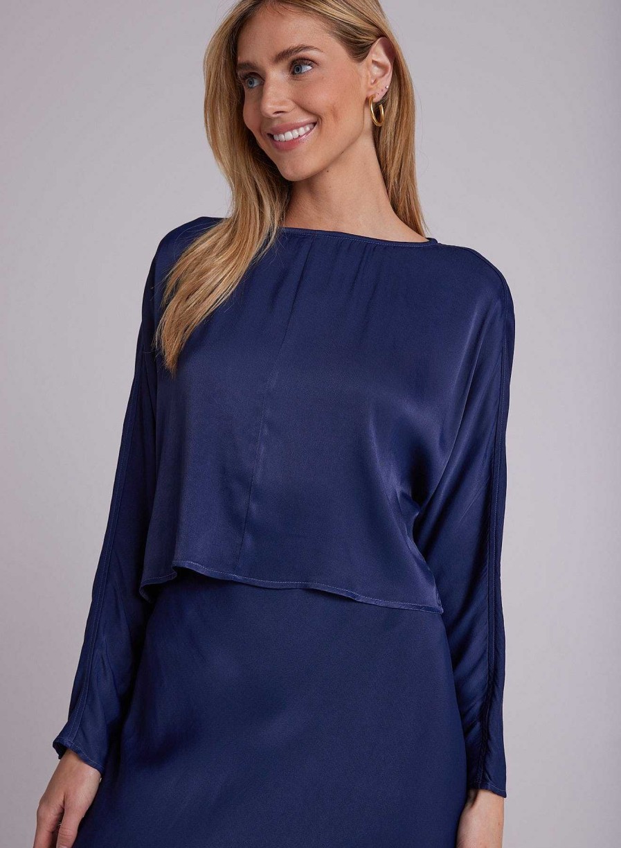 Clearance Bella Dahl Satijnen Blouse Met Dolmanmouwen - Donker Azuurblauw